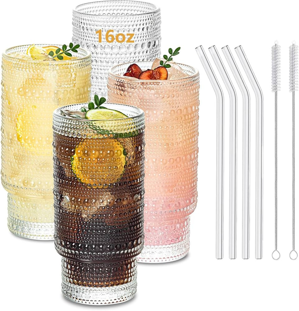 SoulTimes 16oz Hobnail Drinking Glasses Set of 4, Stackable Glass Cups With Glass Straws, Aesthet... | Amazon (US)