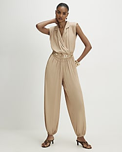 Beige Satin Shoulder Pad Balloon Leg Jumpsuit | River Island UK & IE