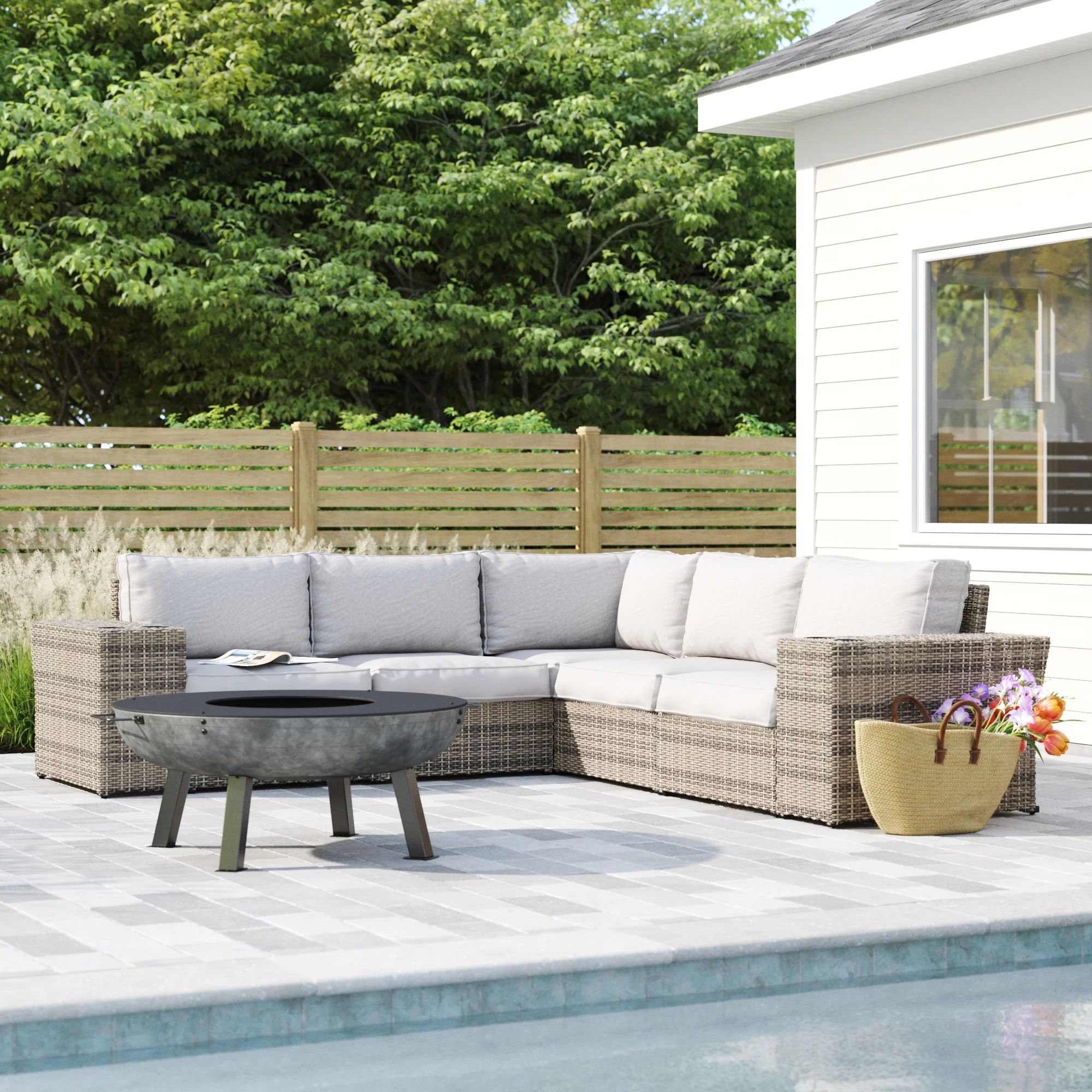 Buckworth 102'' Wide Outdoor Wicker Reversible Patio Sectional with Cushions | Wayfair North America