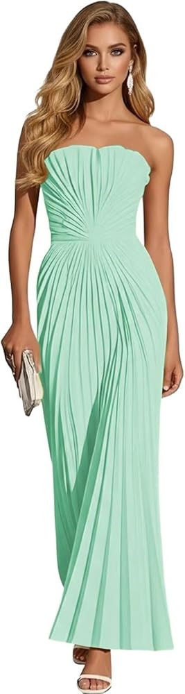 Women's Strapless Pleated Bridesmaid Dress Elegant Sweetheart Neck Formal Prom Gown for Wedding G... | Amazon (US)