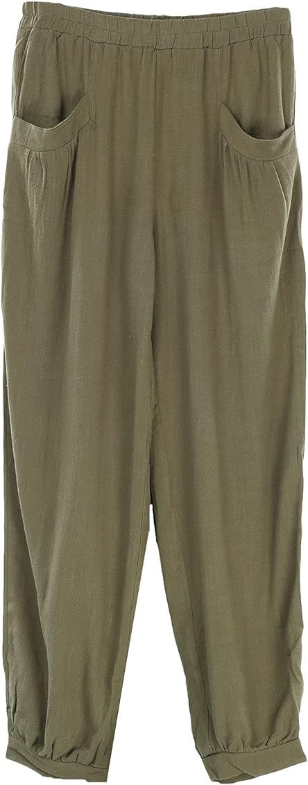 Minibee Women's Cotton Linen Tapered Cropped Pants Elastic Waist Trousers (L, ArmyGreen, l) at Am... | Amazon (US)