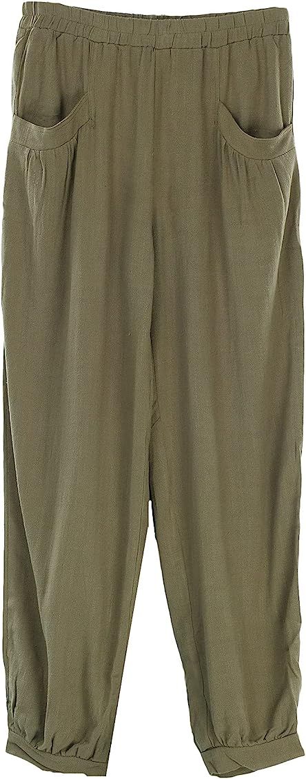 Minibee Women's Cotton Linen Tapered Cropped Pants Elastic Waist Trousers (L, ArmyGreen, l) at Am... | Amazon (US)