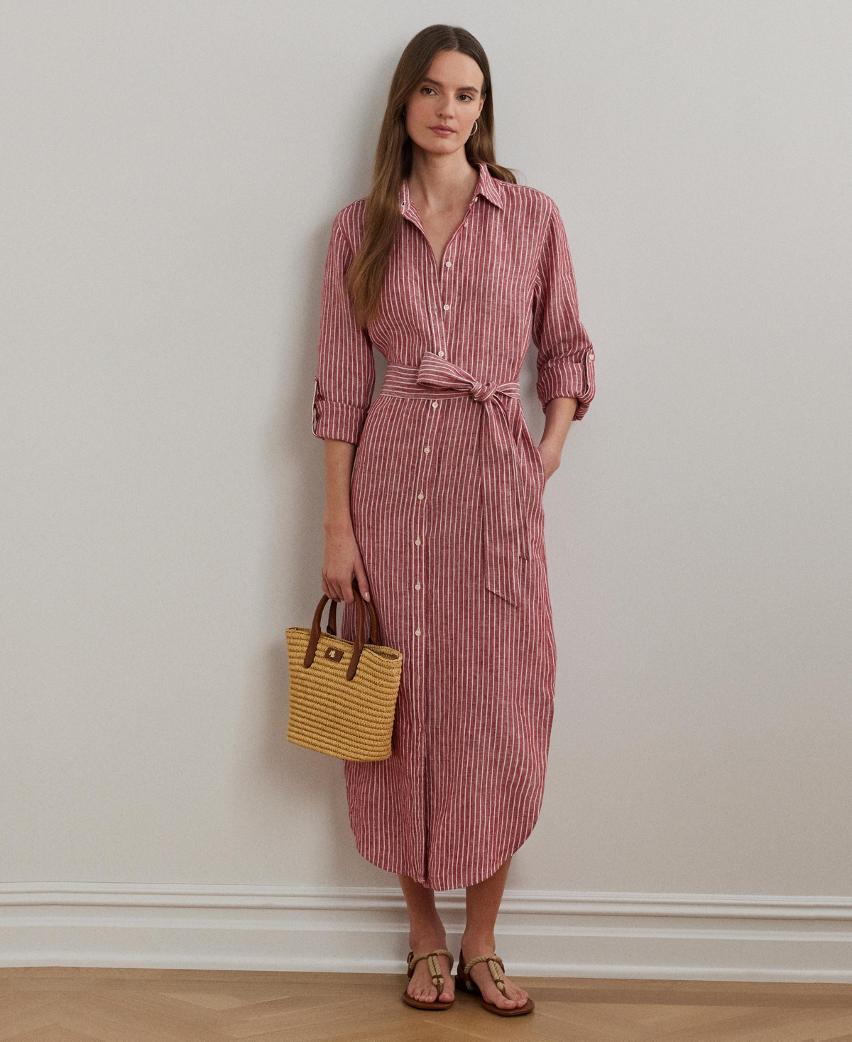 Lauren Ralph Lauren Women's Striped Linen Roll-Tab-Sleeve Shirtdress - Light Red/White | Macy's