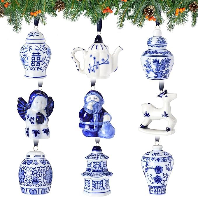 Crowye 9 Pcs Chinoiserie Porcelain Christmas Ornaments Blue and White Christmas Decorations Mini ... | Amazon (US)
