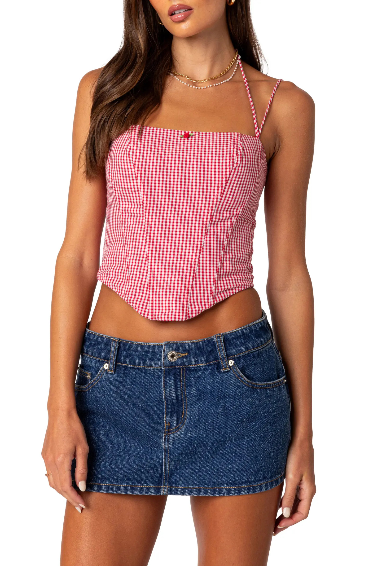 EDIKTED Pippa Gingham Lace-Up Back Corset Top | Nordstrom | Nordstrom