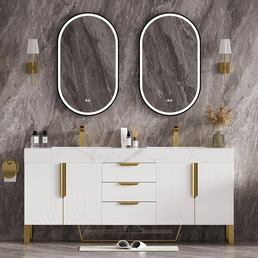 homary 59" White Freestanding Bathroom Vanity Set, Floor-Mounted Double Vessel Sink Vanity Bathro... | Amazon (US)