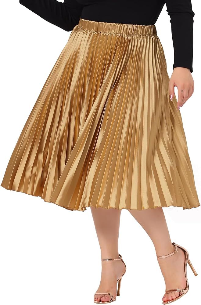 Agnes Orinda Plus Size Pleated Skirts for Women Elastic Waist Midi Fall Party Metallic Shiny ... | Amazon (US)
