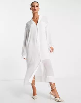 Never Fully Dressed shirt midi dress with sheer panel in white | ASOS | ASOS (Global)