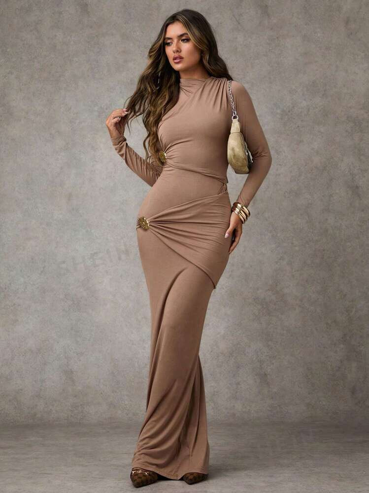 SHEIN BAE Women's Solid Color Stand Collar Metal Decoration Long Sleeve Ruffle Maxi Fitted Elegan... | SHEIN