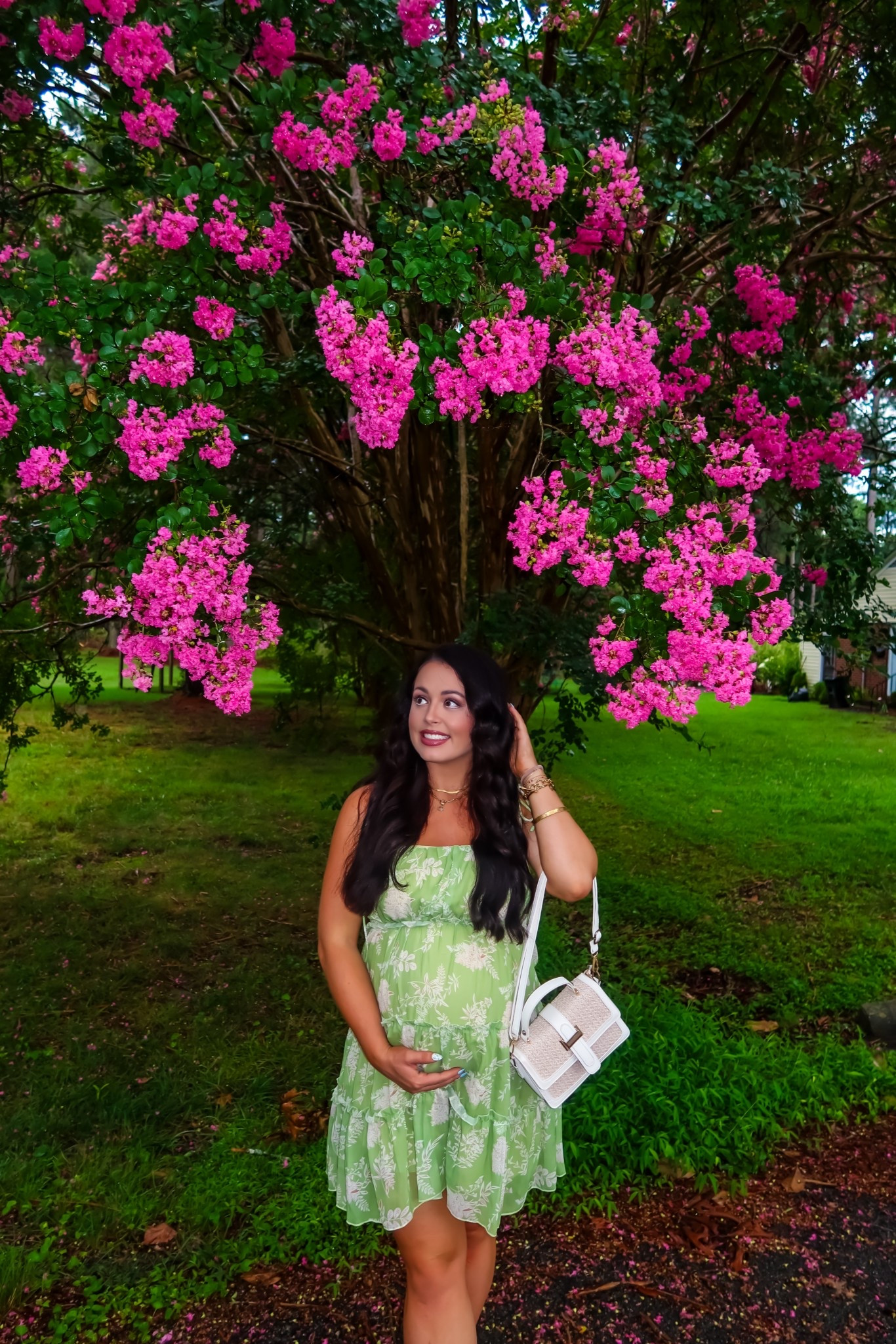 Under $40 Amazon green floral mini dress— perfect to transition to fall (large, 5+ colors), under $30 Amazon rattan bag —bump friendly ! #founditonamazon 

#LTKBump #LTKFindsUnder50 #LTKSeasonal