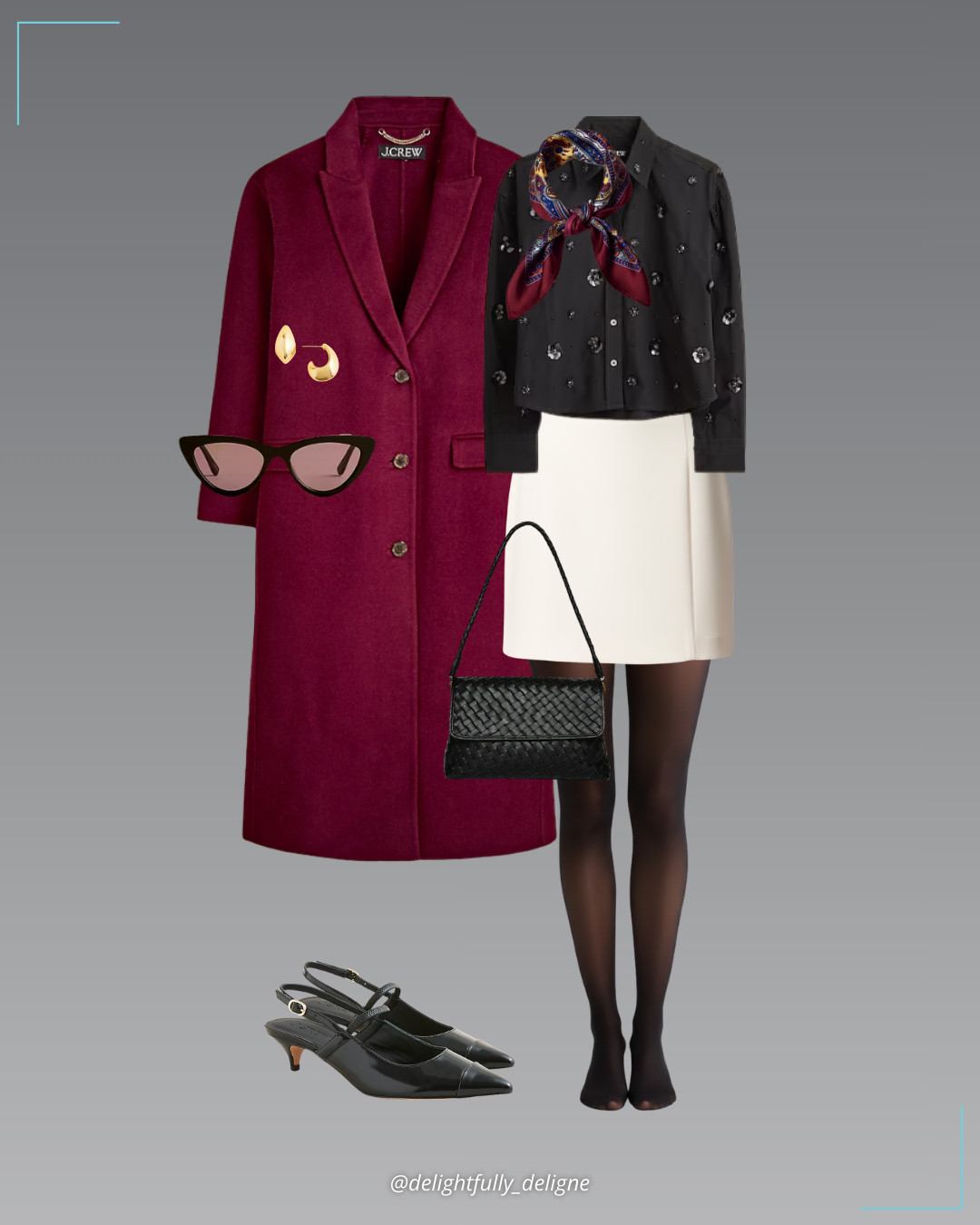 J.Crew–Inspired Classic ❤️🖤 Étienne cropped button-up shirt in embellished cotton poplin, bouclé mini skirt, Chiara double-face topcoat, autumn silky bandana, Bembien® Madeleine bag, Robin Mary Jane kitten heels in spazzolato leather, bungalow cat-eye sunglasses, sculptural hoop earrings & control-top opaque tights. 

 #LTKgrwm #LTKootd #LTKOver40