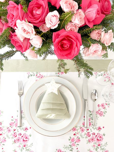 Pink & Green Christmas Table with Rose Trellis Table cloth, Sage green Table Runner & Tree Folded Napkins. Flowers, roses, Tablescape, pastel, preppy, feminine, grandmillennial holiday 

#LTKHoliday #LTKunder100 #LTKhome