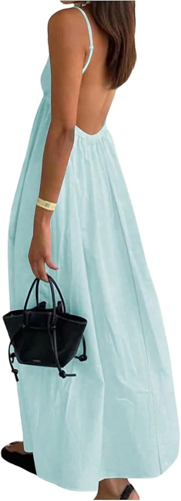 SOLY HUX Women's Summer Dress Backless V Neck Spaghetti Strap Loose Flowy Midi Cami Dresses | Amazon (US)