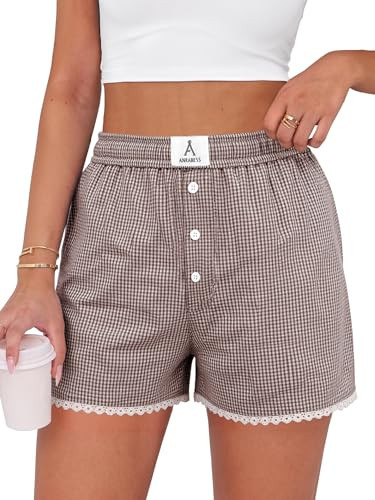 ANRABESS Boxer Shorts for Women 2026 Summer Pajama Gingham Pj Shorts Casual Lounge Sleep Plaid Y2K Beach Bottoms Outfits Brown White Plaid Medium | Amazon (US)