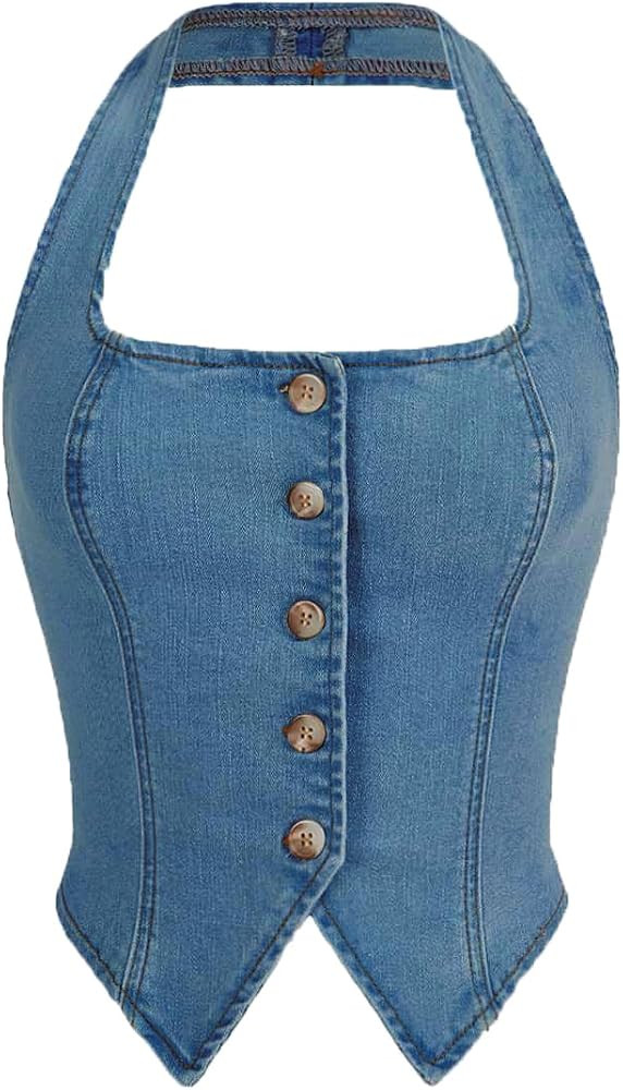 Verdusa Women's Button Front Halter Neck Asymmetrical Denim Crop Top Jean Vest | Amazon (US)