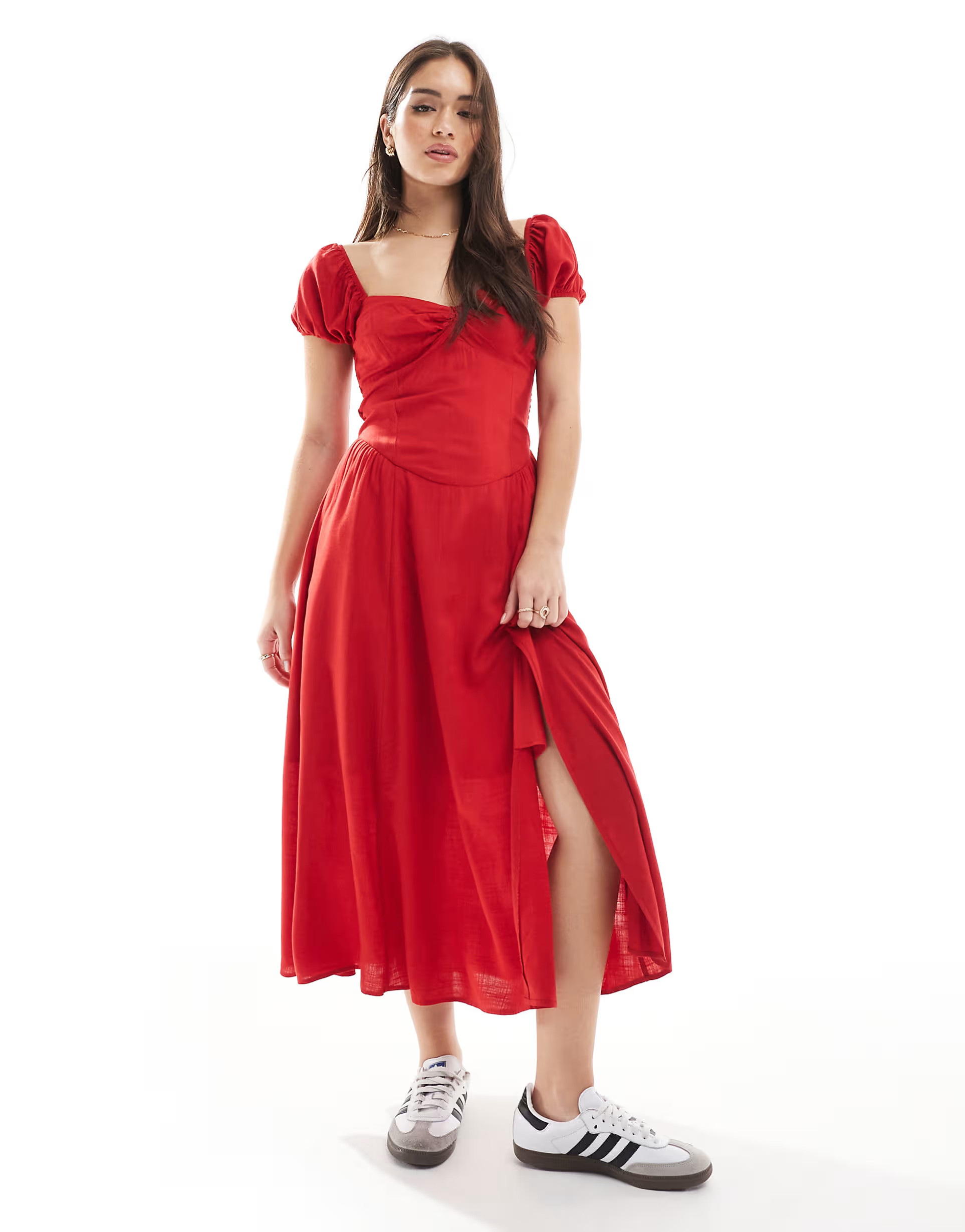 Hollister off shoulder sweetheart midaxi dress with high thigh split in blue floral print | ASOS (Global)