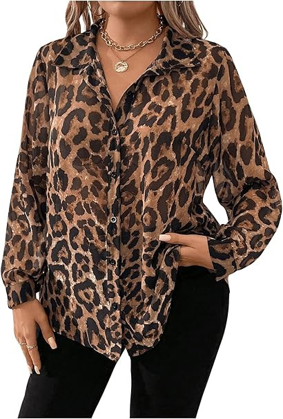 Floerns Women's Plus Size Long Sleeve Cheetah Shirts Leopard Button Down Blouse Top | Amazon (US)