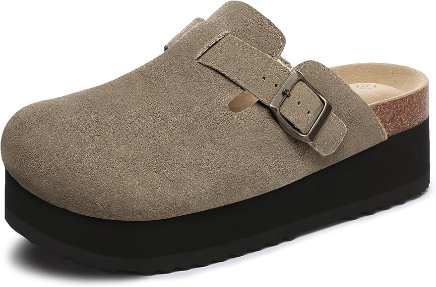 Rihero Women's Platform Boston Clogs Adjustable Buckle Cork Footbed Slip on Suede Clog Slippers | Amazon (US)