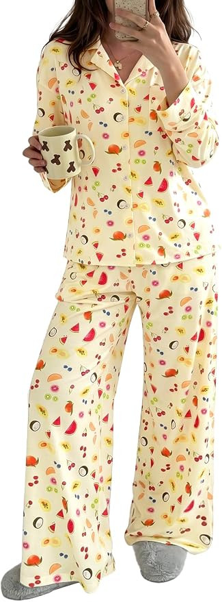 Tankaneo Womens Button Down Pajama Sets Long Sleeve 2 Piece Lounge Sets | Pjs, Polka Dot, Fruit P... | Amazon (US)