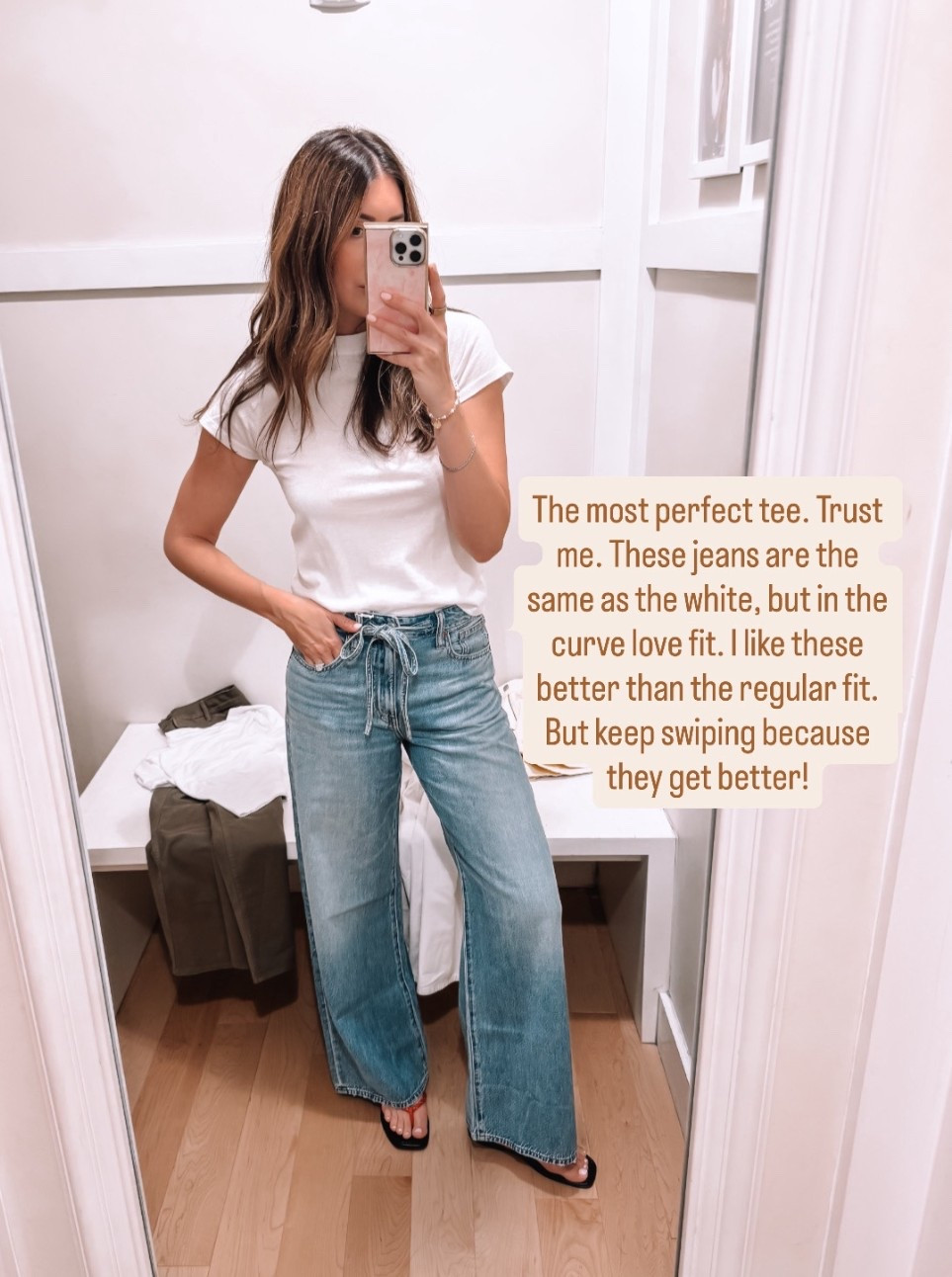Small in tee, 26 in the curvy fit for the jeans 