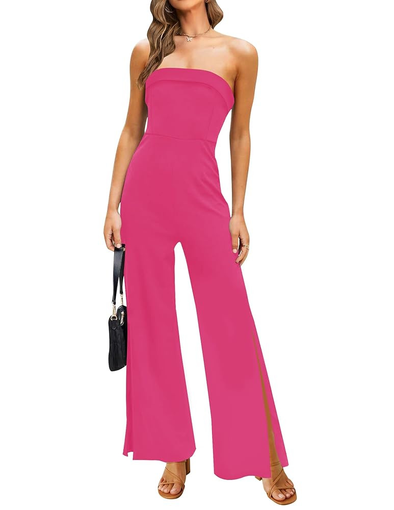 ZESICA Women's Strapless Jumpsuit Casual Off Shoulder High Waist Wide Leg Side Slit Long Romper P... | Amazon (US)