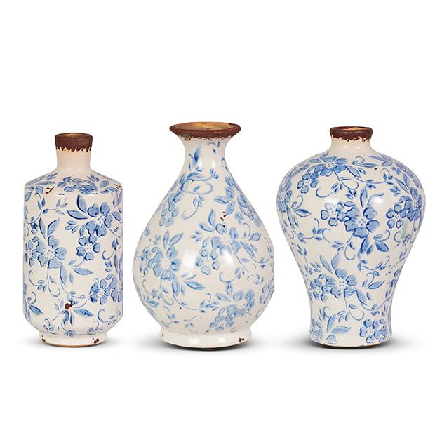 3 Piece Blue Floral Terracotta Bud Vase Collection | Antique Farm House