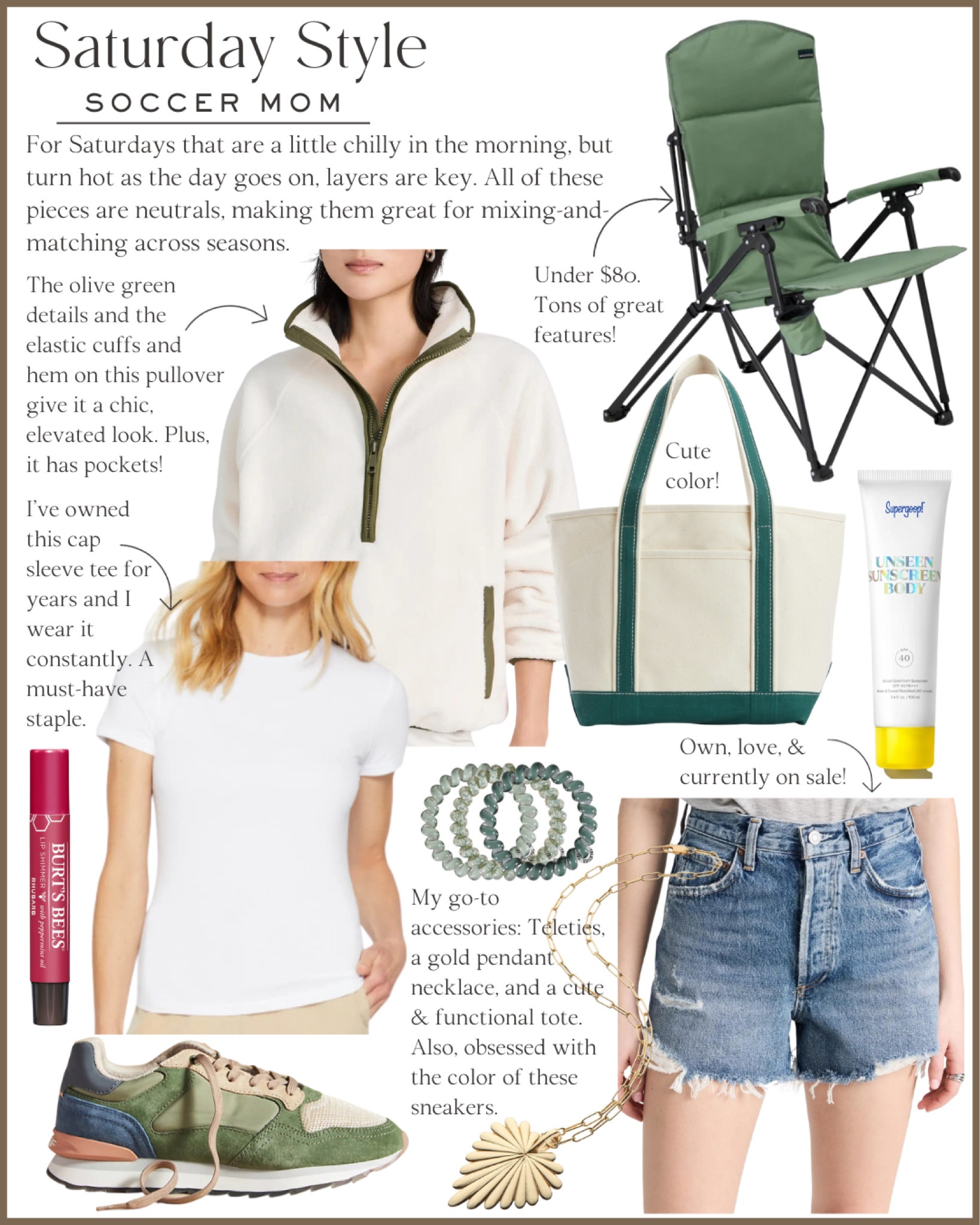 Saturday soccer mom style - For the mornings that start off chilly and then turn hot, layers are key! I adore this green and ivory fleece zip-up pullover (it has pockets!) And I own and love this white cap sleeve tee and these high-waisted jean shorts, which happen to be on sale! Pair with cute hair ties, green sneakers, a tote bag, and a gold heart chain necklace. Don’t forget to pack sunscreen and a comfy folding chair for the game! 

Mom style, weekend outfit, casual, comfy, fall fashion, daily ootd #momstyle #casual #ootd #casualootd 

#LTKstyletip #LTKfindsunder50 #LTKsalealert