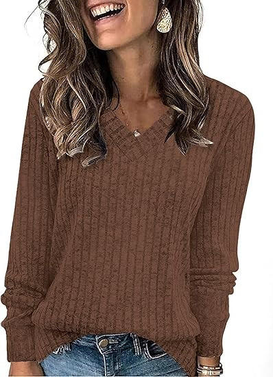 SunnyMelody Womens Casual V Neck Ribbed Knit Long Sleeve Sweater Fall Tops 2025 Trendy Lightweigh... | Amazon (US)
