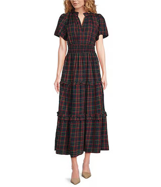 Miley Poplin Plaid Print Split V-Neck Short Sleeve Maxi Dress | Dillard's