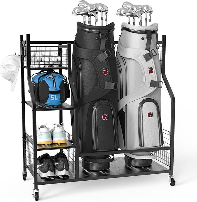 PLKOW Golf Bag Storage Garage Organizer, Extra Large Size Golf Bag Storage Stand and Golf Equipme... | Amazon (US)