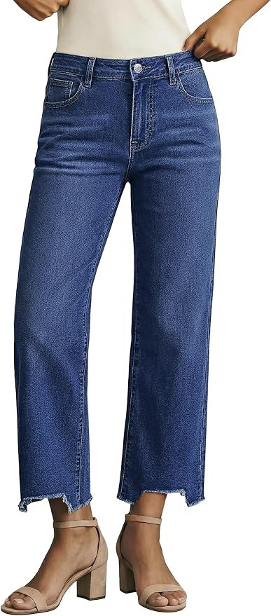 luvamia Straight Leg Jeans for Women Cropped Trendy Mid Rise Baggy Loose Distressed Casual Raw He... | Amazon (US)