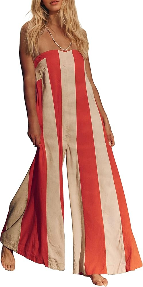 MISSACTIVER Summer Wide Leg Jumpsuits for Women Striped Strapless Long Rompers 2025 Sleeveless On... | Amazon (US)