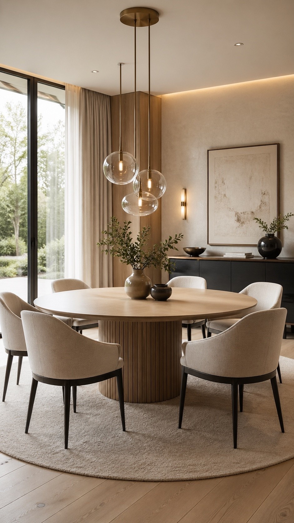 Elegant dining room with soft curved seating, warm wood tones, and a refined minimalist feel.

#diningroom #moderndiningroom #neutralinterior #interiordesign #homedecor #rounddiningtable #statementlighting #softminimalism #warmminimalism #modernhome #diningroomdecor #interiorinspo #eleganthome #designerstyle #minimalinterior #homeinspiration #pinteresthome #ltkhome #calmhome #refinedinteriors