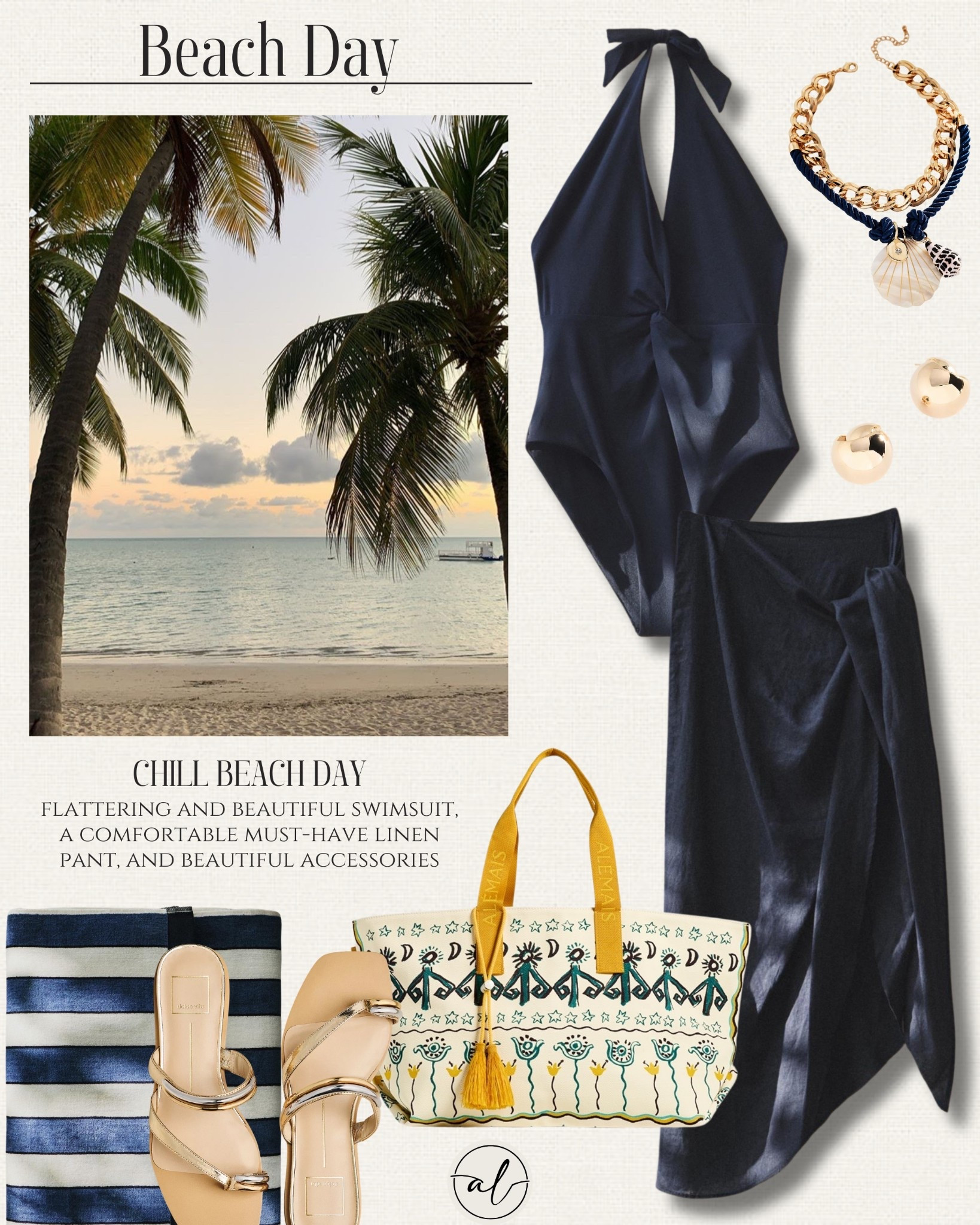 Chill beach day outfit 
Flattering and beautiful swimsuit, a comfortable must-have linen pant, and beautiful accessories 
Spring Break, tropical vacation, pool party 

#LTKSwim #LTKootd #LTKU