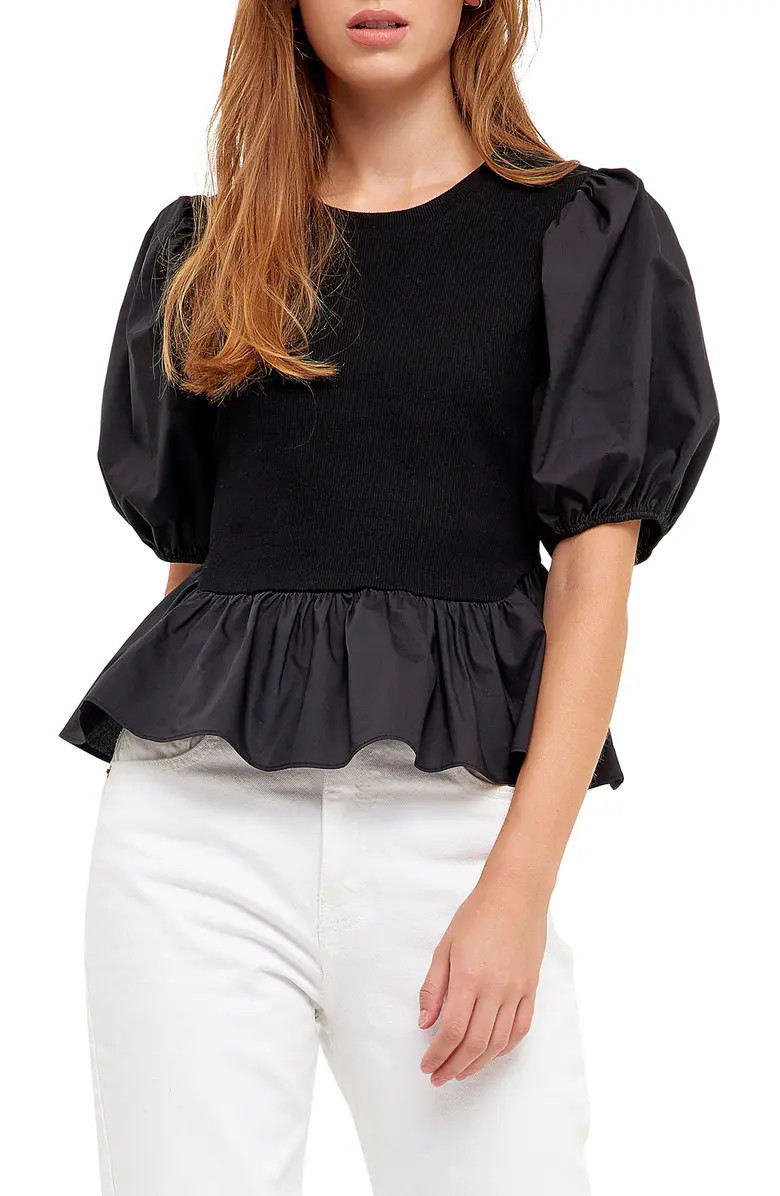 English Factory Mixed Media Puff Sleeve Peplum Top | Nordstrom | Nordstrom