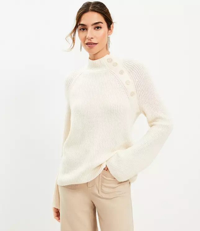 Ribbed Button Neck Flare Sleeve Sweater | LOFT