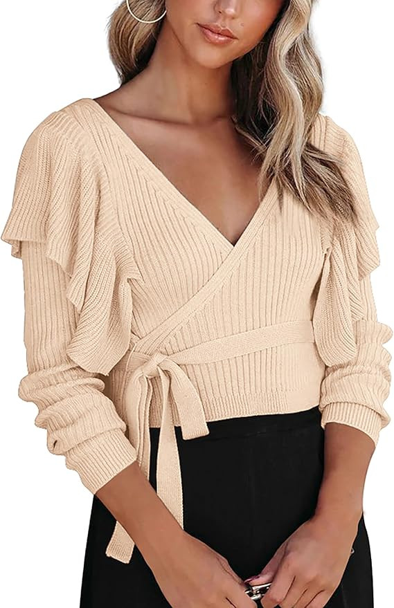 KIRUNDO Womens 2023 Fall Long Sleeve Wrap V Neck Cropped Sweater Lightweight Ruffle Trim Ribbed K... | Amazon (US)
