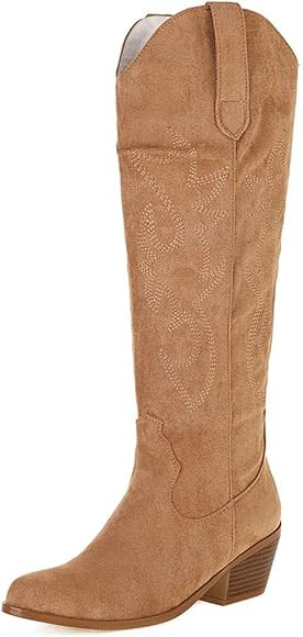VIMISAOI Cowboy Boots for Women, Fashion Retro Pointed Toe Pull On Wide Calf Long Tall Block Chunky  | Amazon (US)