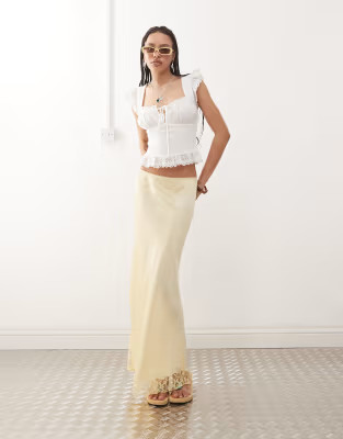 Reclaimed Vintage satin midi skirt with lace trim in buttermilk yellow | ASOS (Global)