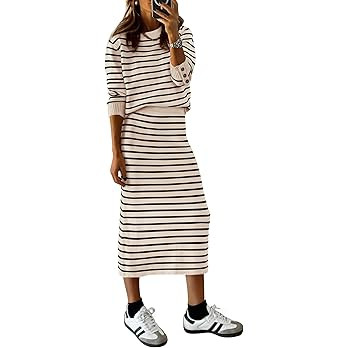 PRETTYGARDEN 2 Piece Skirts Sets For Women Fall Fashion 2025 Striped Sweater Dress Knit Lounge Tr... | Amazon (US)