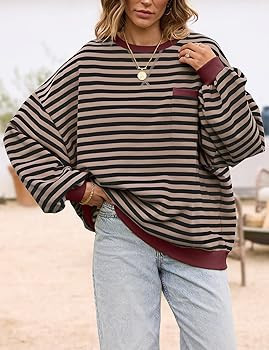 TARSE Oversized Crewneck Sweatshirt for Women Dropped Shoulders Striped Shirt Plain Pullover Loos... | Amazon (US)