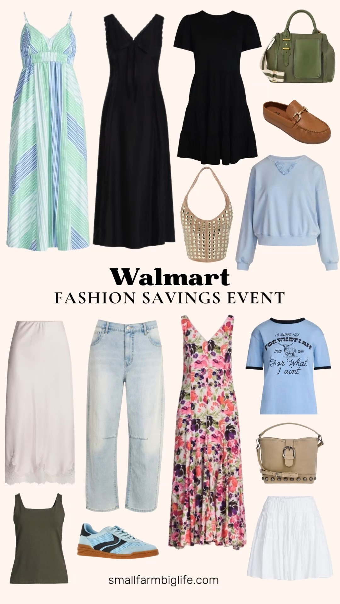 Walmart's July Fashion Savings Event is here. Save up to 85% off summer fashion right now. This sale ends July 31, 2026, so shop soon.
I found so many great pieces for date night and for transitioning from summer into fall. Think flowy maxi dresses, easy denim, and versatile layers you can wear for months.
Some of my favorites: the blue and green striped cotton maxi dress, the black cotton swing dress with short sleeves, and the light wash barrel 5 pocket jeans. I also love the pink, purple, and green floral maxi godet dress and the off white midi slip skirt with lace trim for date night looks.
For everyday wear, the light blue mineral wash cropped crewneck sweatshirt and the light blue graphic ringer tee are so comfortable. The army green mixed media satchel and the tan studded faux suede moto bucket bag are great bag options too. 

 #LTKootd #LTKOver40 #LTKSaleAlert