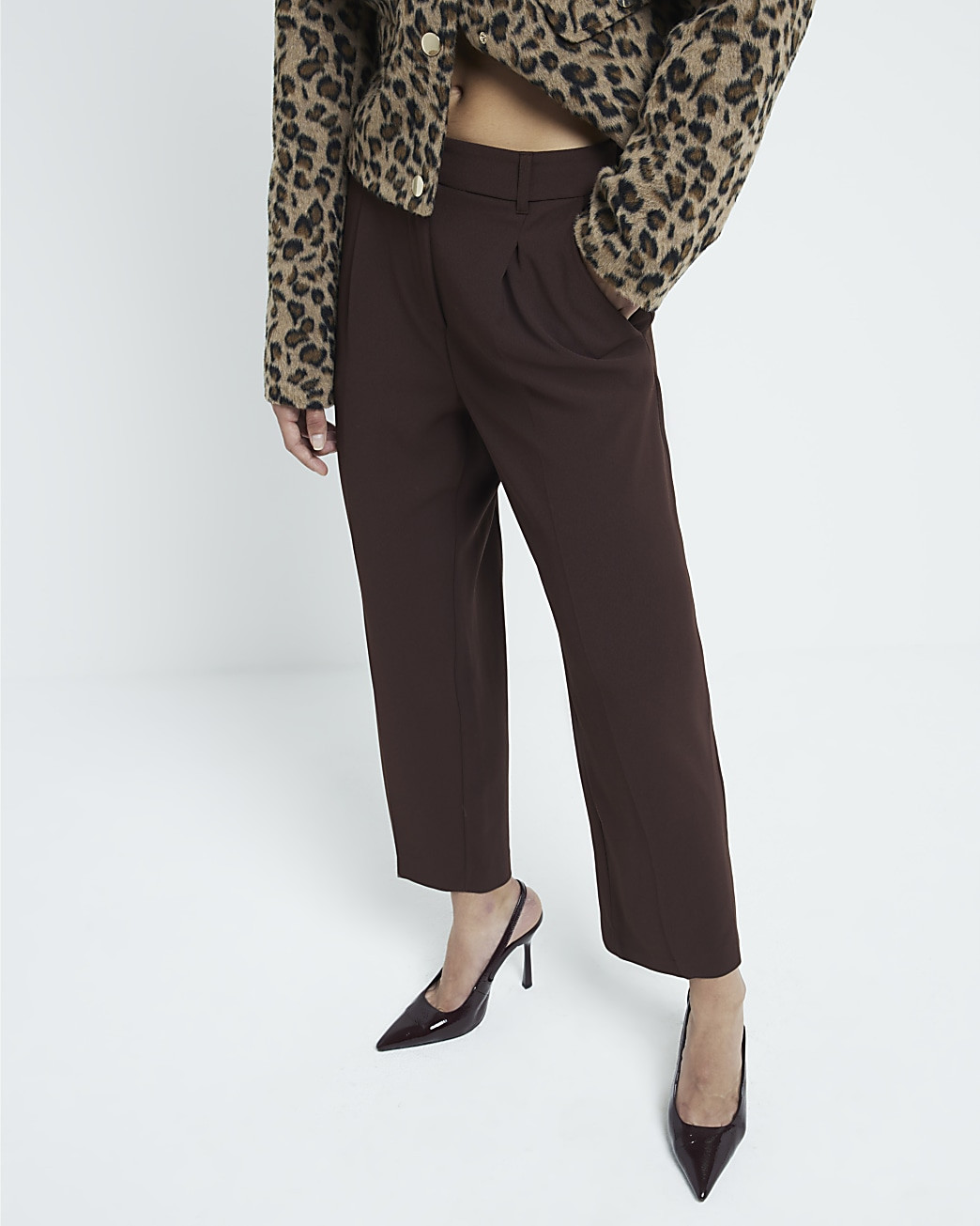 Brown pleated straight trousers | River Island (UK & IE)