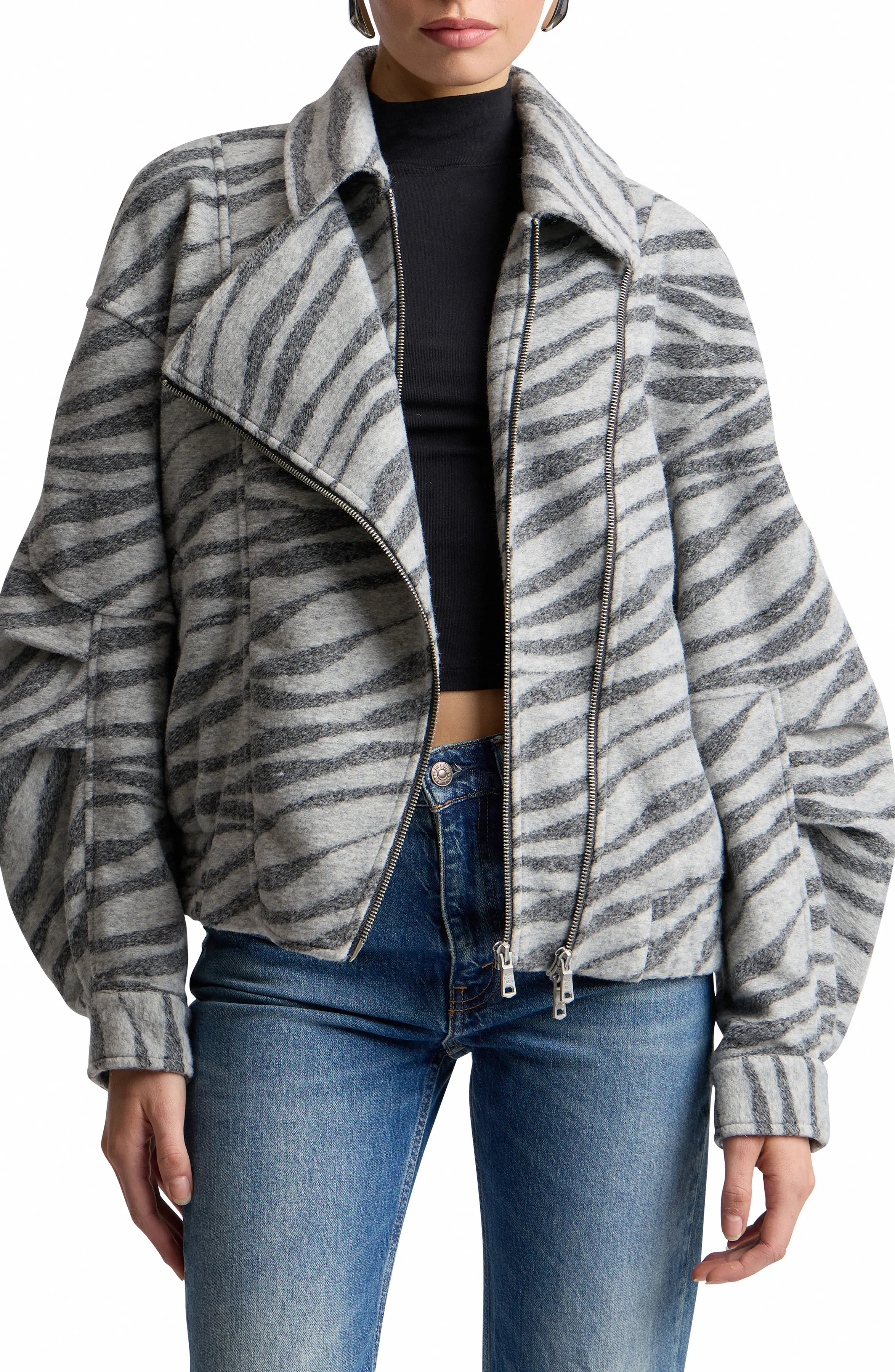 Avec Les Filles Zebra Jacquard Layered Bomber Jacket in Grey Zebra at Nordstrom, Size Large | Nordstrom