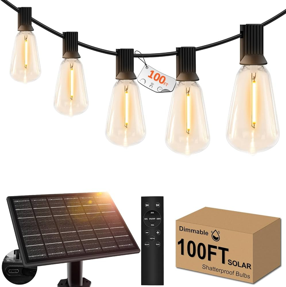 100ft Solar Outdoor String Lights with Remote - USB Rechargeable Solar Powered Outdoor Patio Ligh... | Amazon (US)