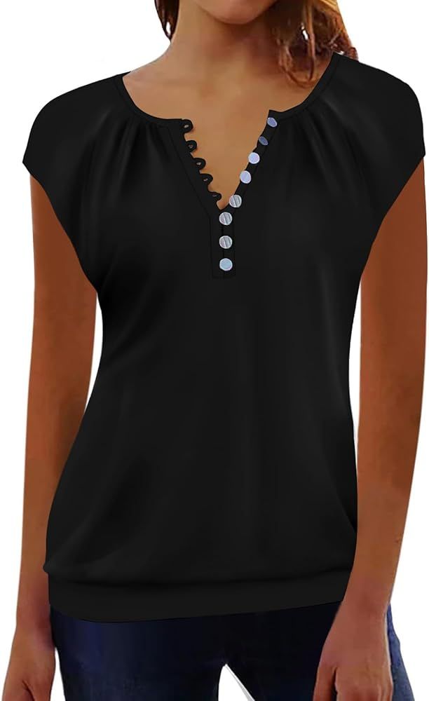Women‘s Summer Casual Cap Sleeve Tops Classic Notch V Neck T Shirts Tunic Blouse | Amazon (US)