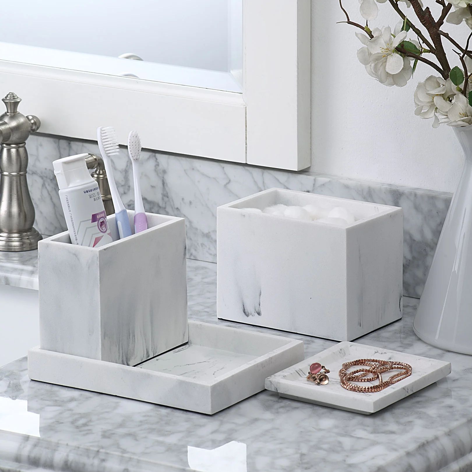 Better Homes & Gardens Faux Marble 4 Piece Vanity Organizer Set with Magnetic Side, White | Walmart (US)