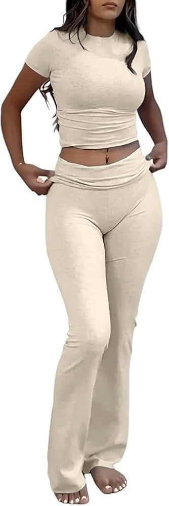 ZFLM Casual Workout Two Piece Outfits for Women Short Sleeve Crop High Waist Foldover Flare Pants... | Amazon (US)