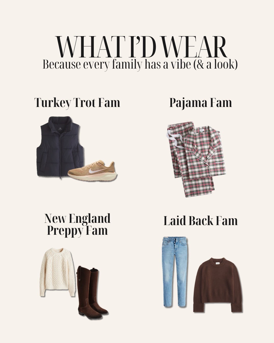 What I’d wear depending on your family’s Thanksgiving vibe 🦃🍂
Turkey Trot girlies, pajama loyalists, NE prepsters, and the “comfort and carbs only” crew… I see you.

#LTKHoliday #LTKgrwm #LTKGiftGuide
