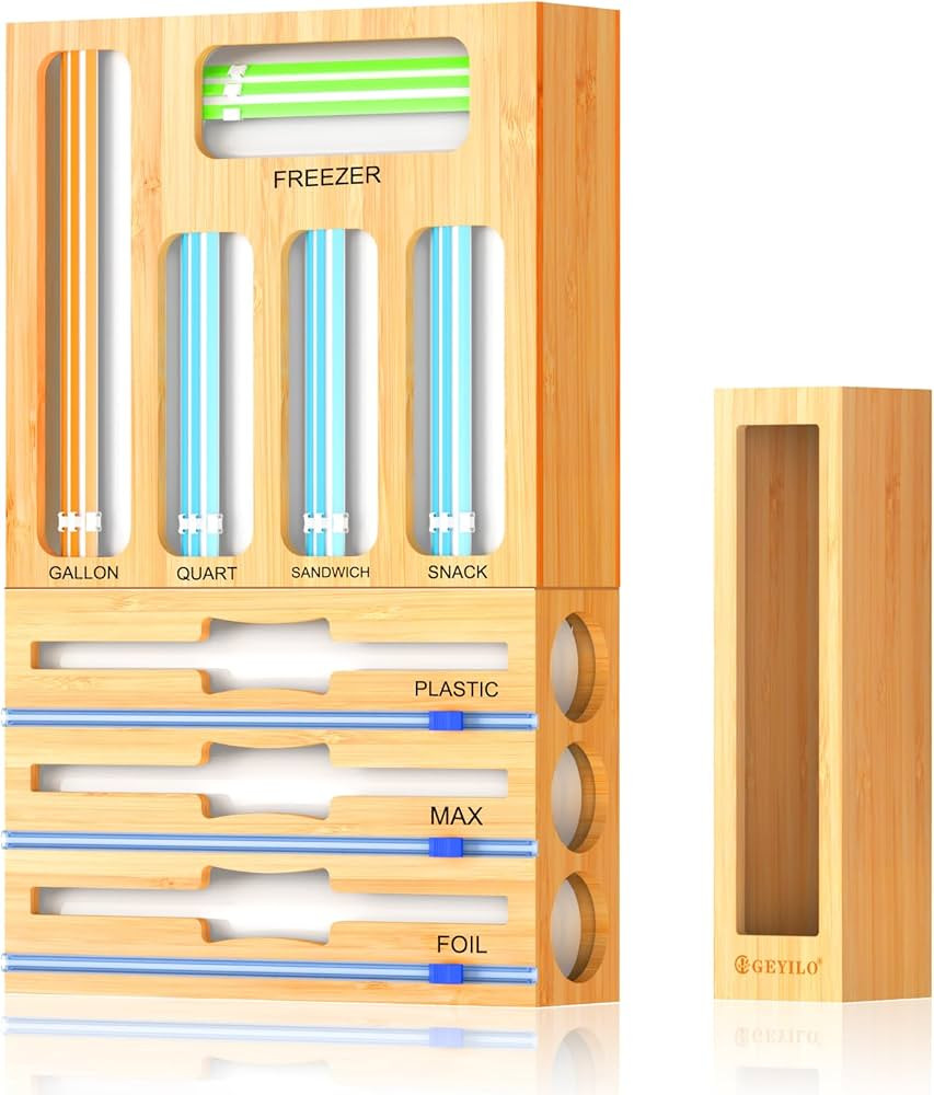 9 IN 1 Storage Bag Organizer for Kitchen Drawer, Bamboo Foil and Plastic Wrap with Cutter, Kitche... | Amazon (US)